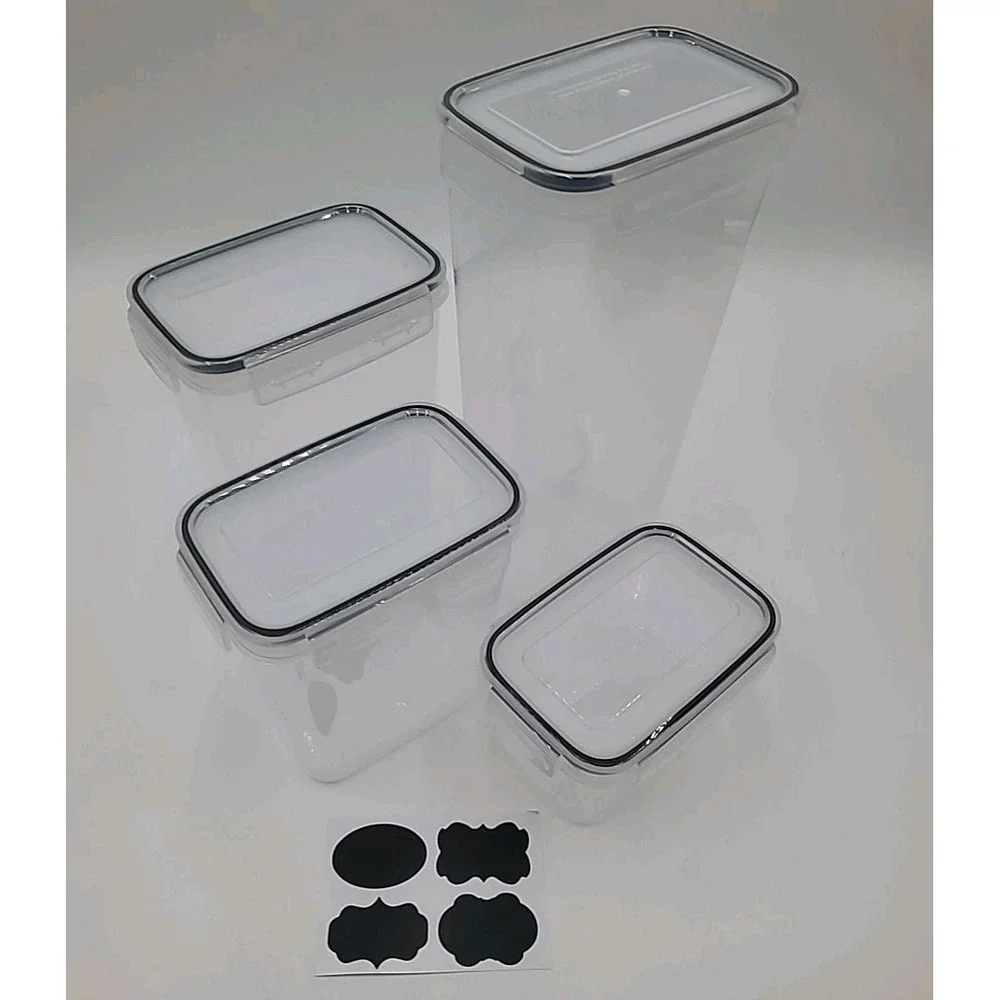 4 Air Tight Clear Plastic Food Storage Containers & Labels .7-2.5qt